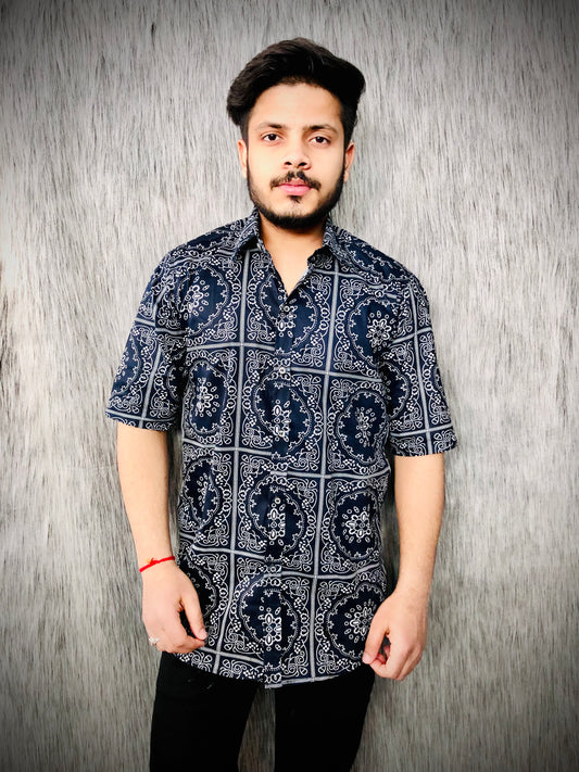 Dropshoulder Half-Shirt Sanganeri (Black Print C)