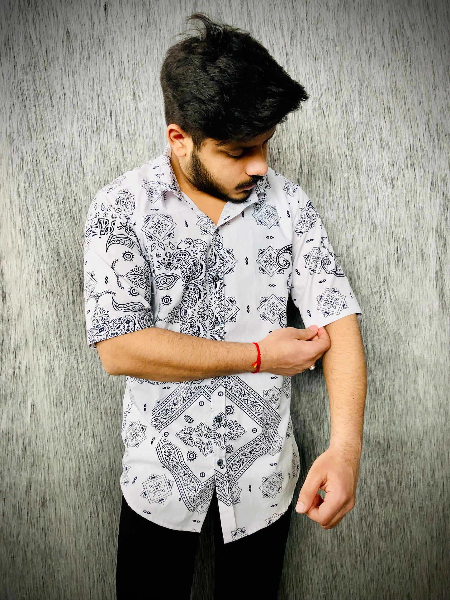 Dropshoulder Half-Shirt Sanganeri (Light Grey Print A)