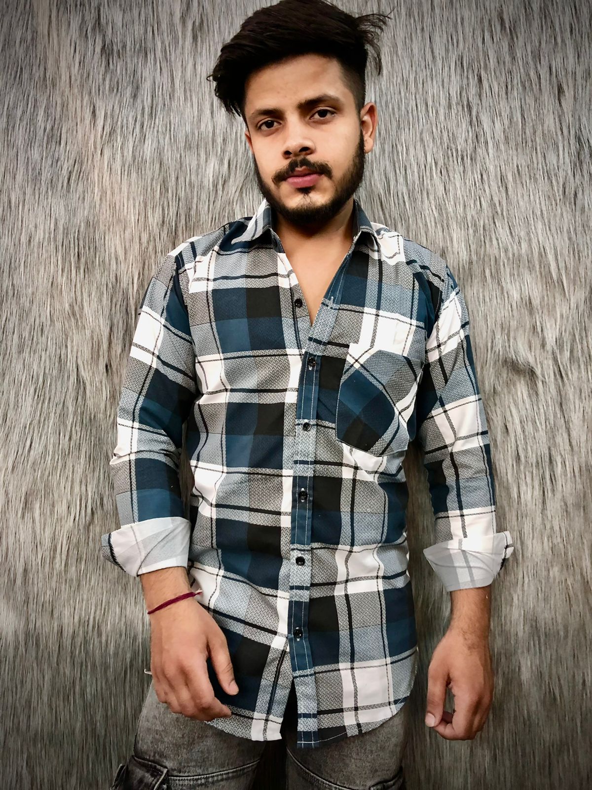 Single Pocket Checkered Shirt (Dark-Blue)