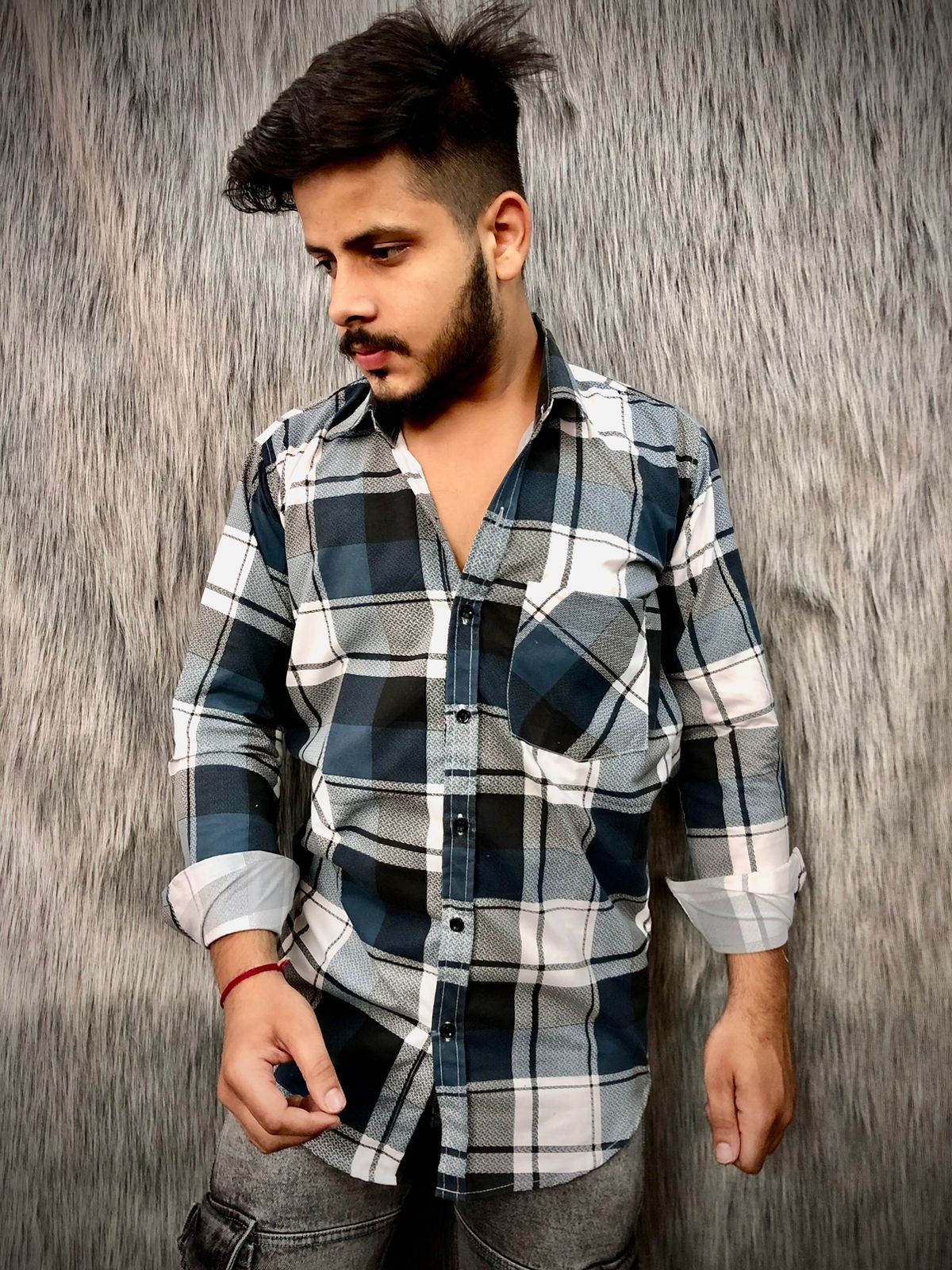 Single Pocket Checkered Shirt (Dark-Blue)